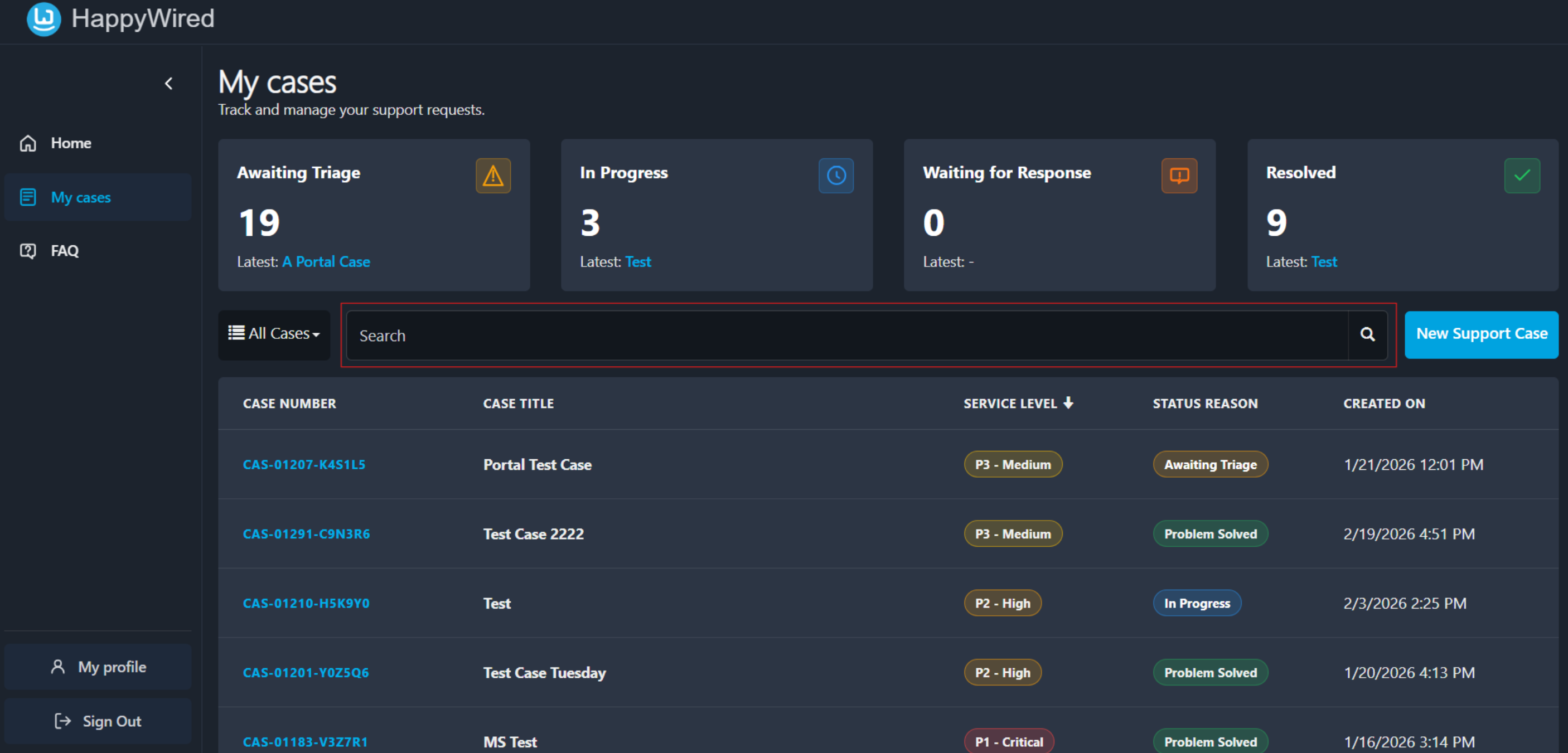 My Cases search bar screenshot